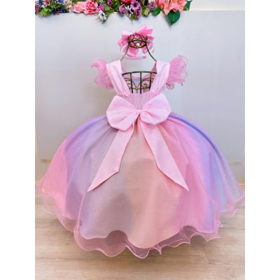 Vestido Infantil Lilo Stitch e Angel Rosa Saia Colorida