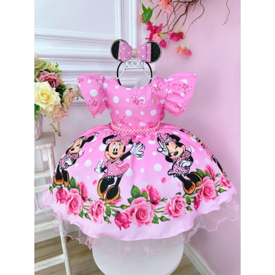 Vestido Infantil Minnie Florido de Rosas C/ Pérolas Festas