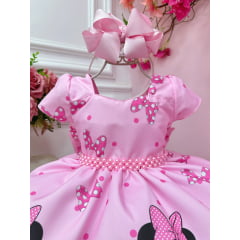Vestido Infantil Minnie Rosa Com Cinto de Perolas Festas