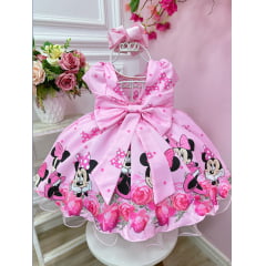 Vestido Infantil Minnie Rosa Com Cinto de Perolas Festas