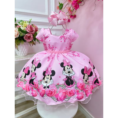 Vestido Infantil Minnie Rosa Com Cinto de Perolas Festas