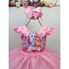 Vestido Infantil Patrulha Canina Skye Rosa Claro Festas