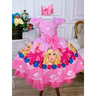 Vestido Infantil Princesa Barbie Rosa Com Aplique de Laço