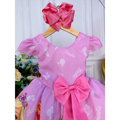 Vestido Infantil Princesa Barbie Rosa Com Aplique de Laço