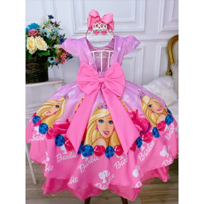 Vestido Infantil Princesa Barbie Rosa Com Aplique de Laço
