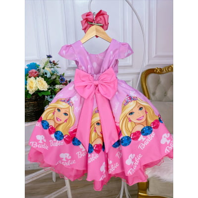 Vestido Infantil Princesa Barbie Rosa Com Aplique de Laço
