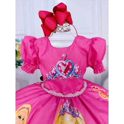 Vestido Infantil Princesa Barbie Rosa Chiclete Com Cinto