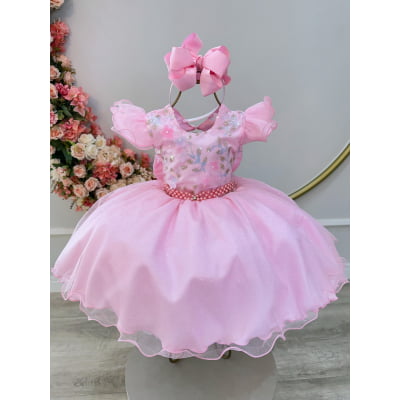Vestido Infantil Princesas Jardim Encantado Rosa Super Luxo