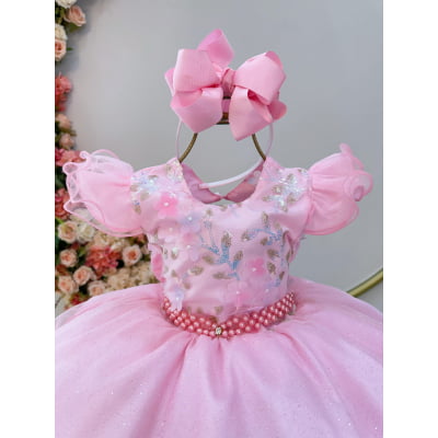 Vestido Infantil Princesas Jardim Encantado Rosa Super Luxo