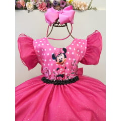 Vestido Infantil Rosa Chiclete Minnie Saia C/ Glitter Festas