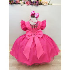 Vestido Infantil Rosa Chiclete Minnie Saia C/ Glitter Festas