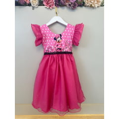 Vestido Infantil Rosa Chiclete Minnie Saia C/ Glitter Festas