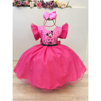 Vestido Infantil Rosa Chiclete Minnie Saia C/ Glitter Festas
