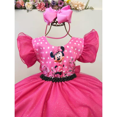 Vestido Infantil Rosa Chiclete Minnie Saia C/ Glitter Festas