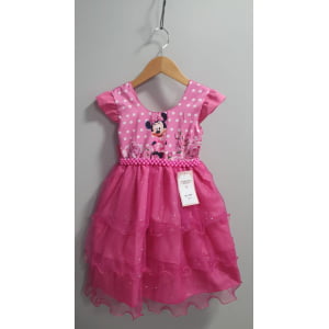 Vestido Infantil Rosa Chiclete Minnie Saia C/ Glitter Festas
