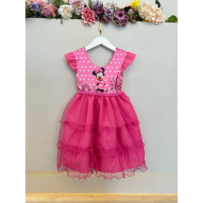 Vestido Infantil Rosa Chiclete Minnie Saia C/ Glitter Festas