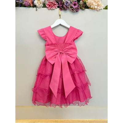 Vestido Infantil Rosa Chiclete Minnie Saia C/ Glitter Festas