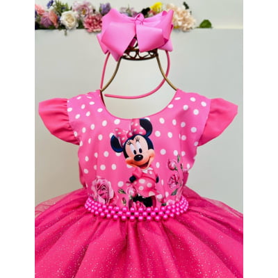 Vestido Infantil Rosa Chiclete Minnie Saia C/ Glitter Festas