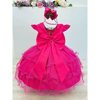 Vestido Infantil Rosa Chiclete Minnie Saia C/ Glitter Festas
