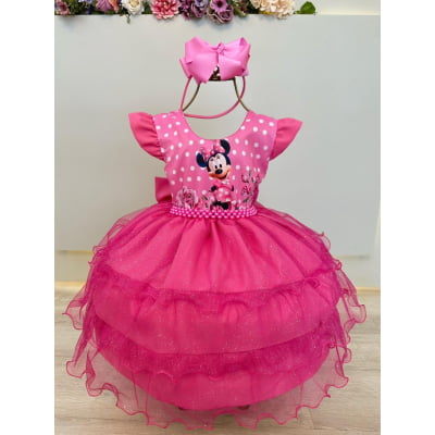 Vestido Infantil Rosa Chiclete Minnie Saia C/ Glitter Festas