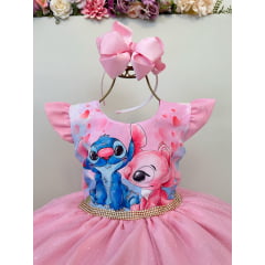 Vestido Infantil Rosa Claro Lilo Stitch e Angel Festas