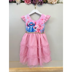 Vestido Infantil Rosa Claro Lilo Stitch e Angel Festas