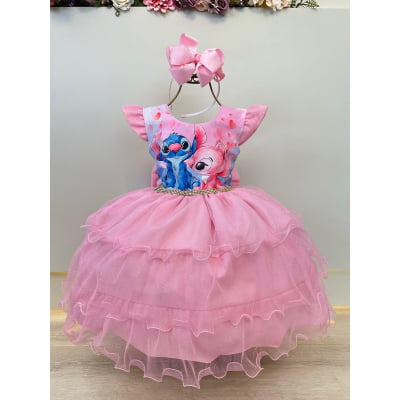 Vestido Infantil Rosa Claro Lilo Stitch e Angel Festas