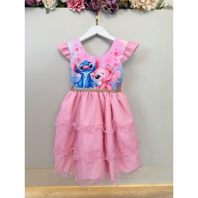 Vestido Infantil Rosa Claro Lilo Stitch e Angel Festas