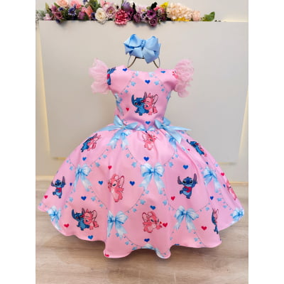 Vestido Infantil Rosa do Stitch e Angel Lilo Luxo