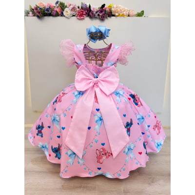 Vestido Infantil Rosa do Stitch e Angel Lilo Luxo