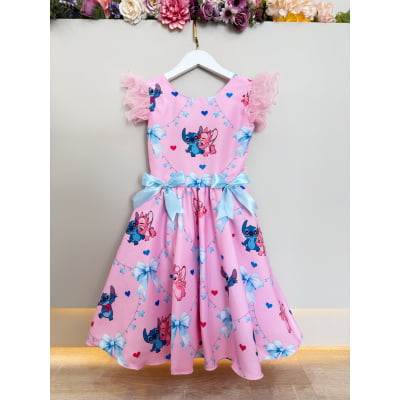 Vestido Infantil Rosa do Stitch e Angel Lilo Luxo