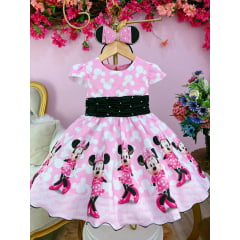 Vestido Infantil Minnie Rosa e Preto Com Pérolas Festas