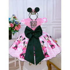 Vestido Infantil Minnie Rosa e Preto Com Pérolas Festas