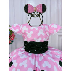 Vestido Infantil Minnie Rosa e Preto Com Pérolas Festas