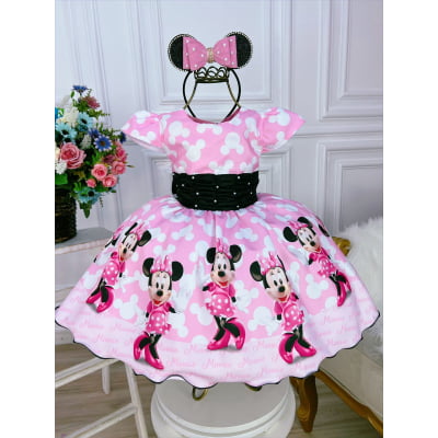 Vestido Infantil Minnie Rosa e Preto Com Pérolas Festas