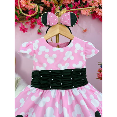 Vestido Infantil Minnie Rosa e Preto Com Pérolas Festas