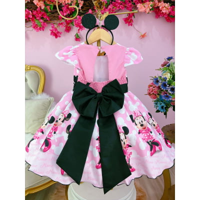 Vestido Infantil Minnie Rosa e Preto Com Pérolas Festas