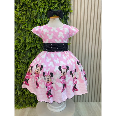 Vestido Infantil Minnie Rosa e Preto Com Pérolas Festas