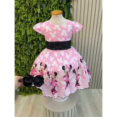 Vestido Infantil Minnie Rosa e Preto Com Pérolas Festas