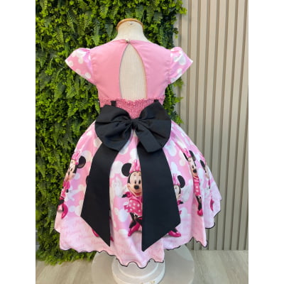 Vestido Infantil Minnie Rosa e Preto Com Pérolas Festas
