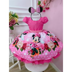 Vestido Infantil Minnie Rosa Florido Strass Cinto de Pérolas