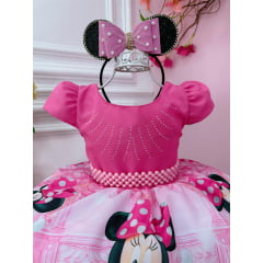 Vestido Infantil Minnie Rosa Florido Strass Cinto de Pérolas