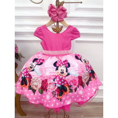 Vestido Infantil Minnie Rosa Florido Strass Cinto de Pérolas