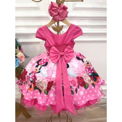 Vestido Infantil Minnie Rosa Florido Strass Cinto de Pérolas