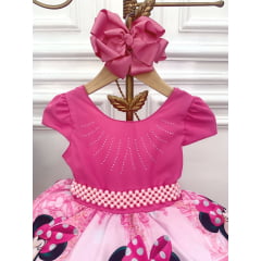 Vestido Infantil Minnie Rosa Florido Strass Cinto de Pérolas