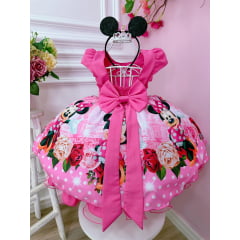 Vestido Infantil Minnie Rosa Florido Strass Cinto de Pérolas