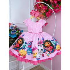 Vestido Infantil Casa Mágica da Gabby Rosa Luxo Corações