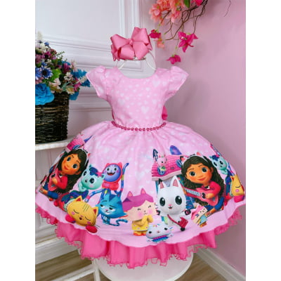 Vestido Infantil Casa Mágica da Gabby Rosa Luxo Corações Vestido Infantil Casa Mágica da Gabby Rosa Luxo Corações