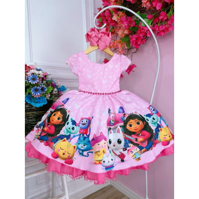 Vestido Infantil Casa Mágica da Gabby Rosa Luxo Corações