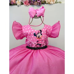 Vestido Infantil Rosa Minnie Saia C/ Glitter Festas